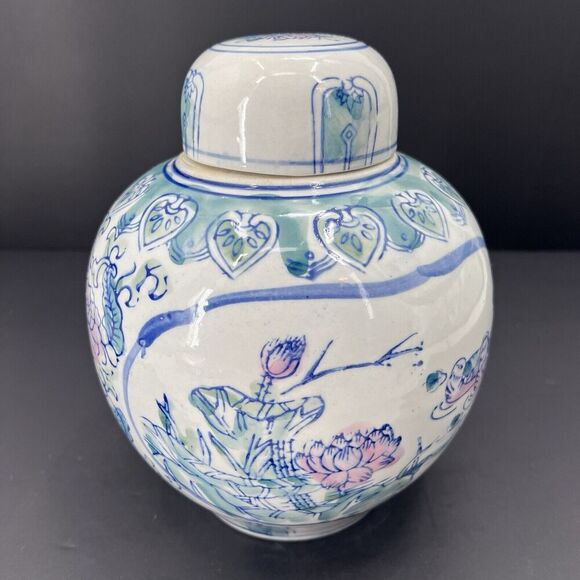 Vintage Chinese Lillies & Ducks Porcelain Lidded Ginger Jar Asian Decor - Picture 5 of 10
